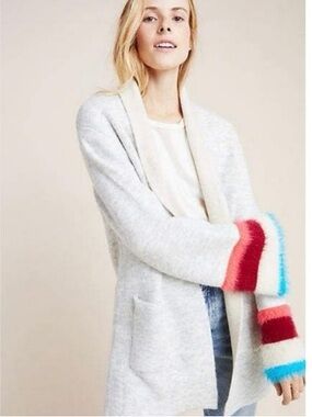 Anthropologie Gray Open-Front Cardigan with Color-Block Cuffs